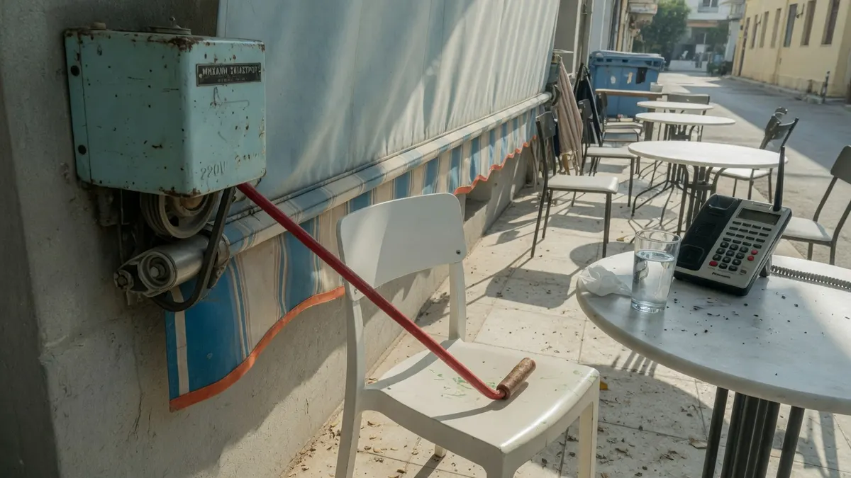 Caféterrasse im April, geschlossene Kassette über leeren Tischen, Windsensor an der Wand.