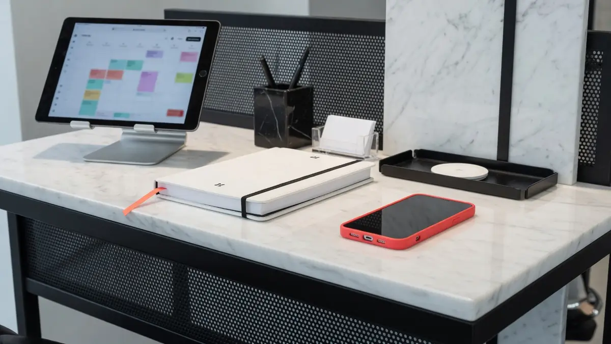 Terminplatz mit Tabletständer und Smartphone.