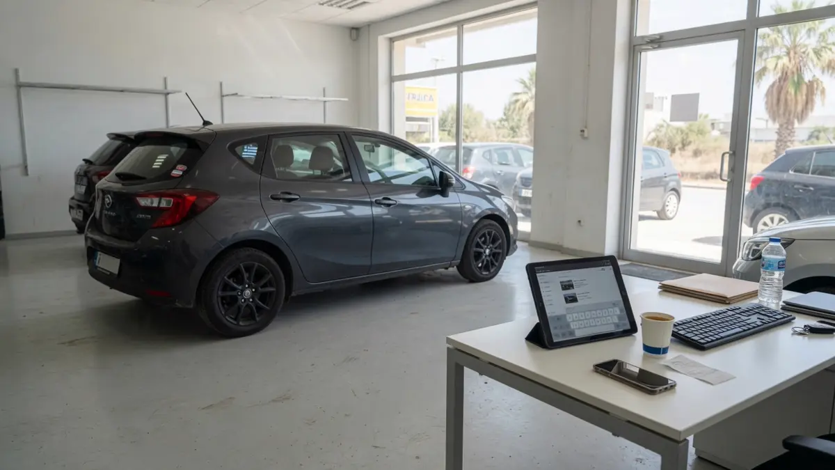 Heller Showroom, zwei Autos auf hellem Stein, Telefon auf dem Verkaufstisch.