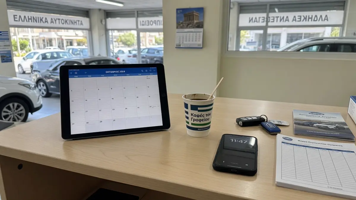 Empfang im Autohaus mit Tabletständer und Autoschlüsselbund.