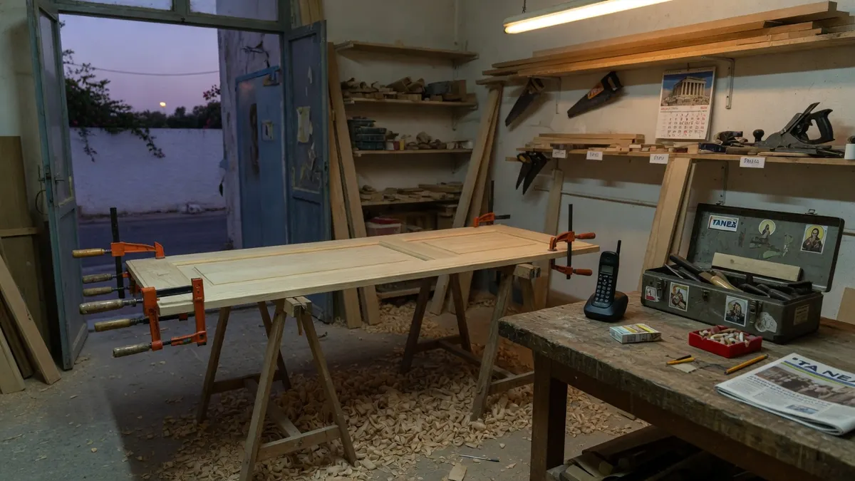 Einbauküchenzeile mit Lücke am Hochschrank, Schablone auf der Arbeitsplatte, Stadtdächer hinter der Balkontür.