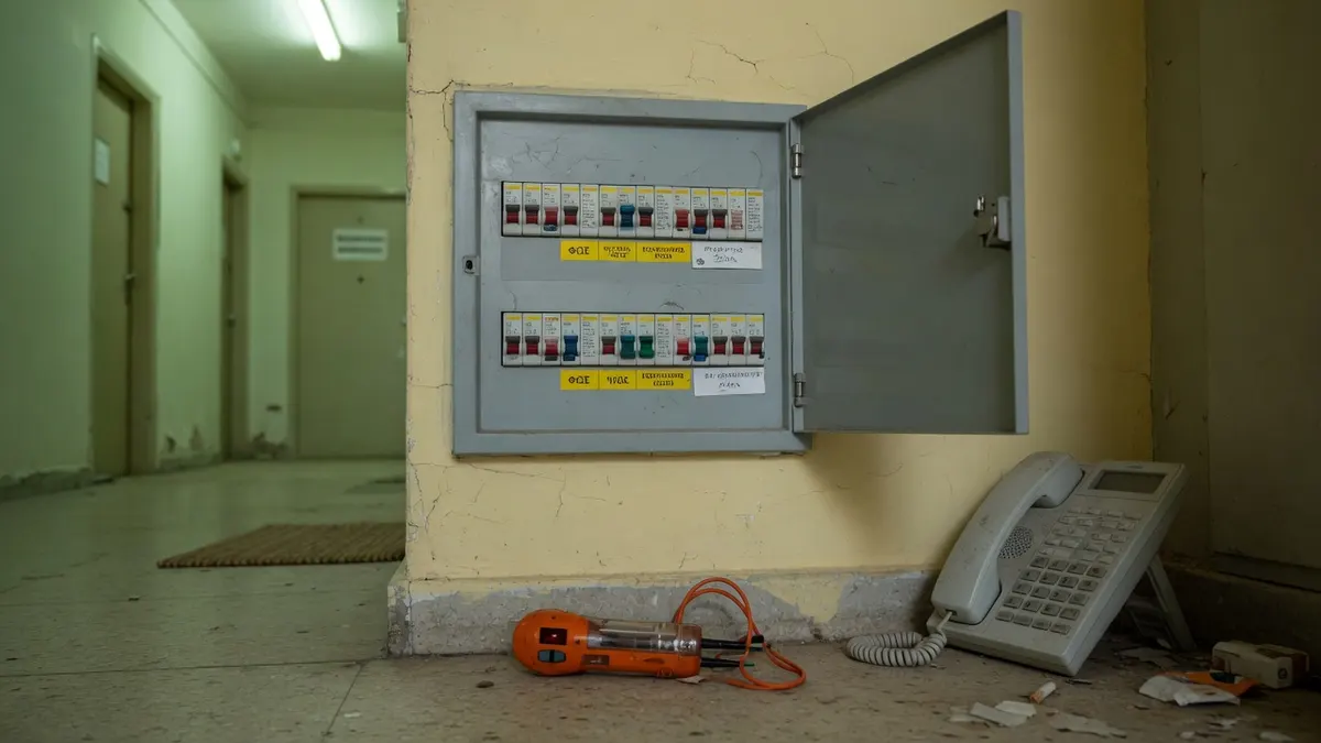 Wallbox an einer Garagenwand, ungeöffneter Kabelkarton, Telefon mit dem Display nach unten auf einer Kiste.