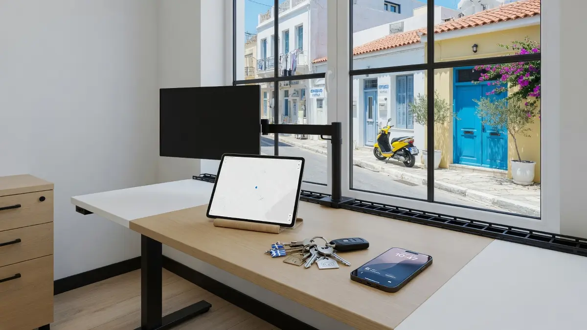 Moderner Schreibtisch am Fenster zur Straße, Schlüssel und Tablet.