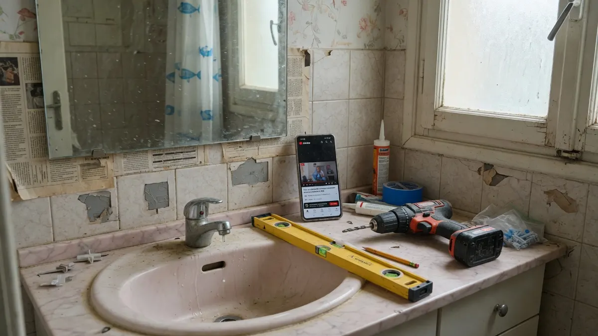 Wohnzimmerwand, leere Regalwinkel, eine Wasserwaage auf dem Sofa, Telefon mit dem Display nach unten.