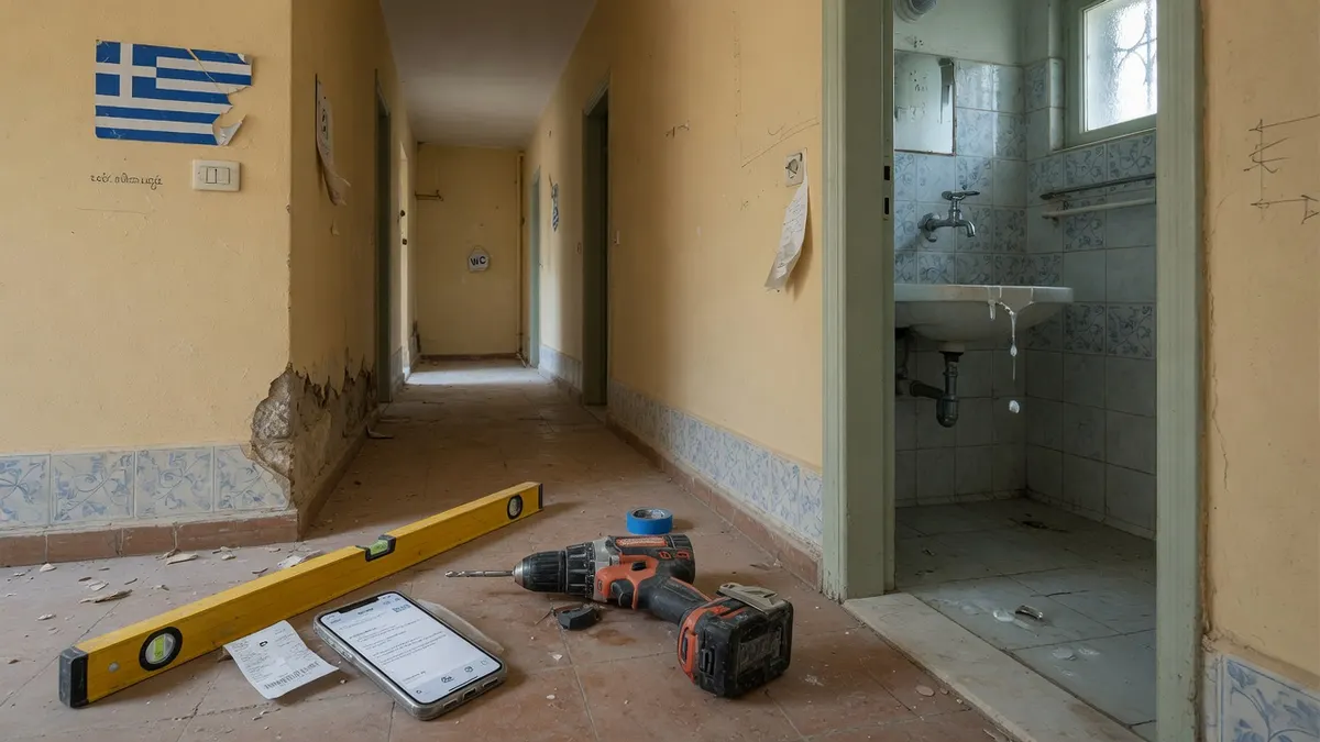 Küchenhahn mit langsamem Tropfen, geschlossener Schrank, Notizblock mit drei kleinen Arbeiten in einer Zeile.