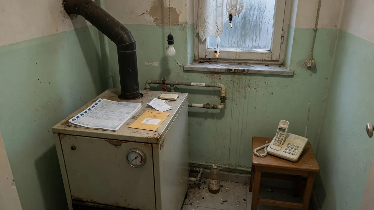 Heizungskeller in einer griechischen Wohnanlage: Ölkessel, Manometer, Telefon auf der Rohrdämmung.