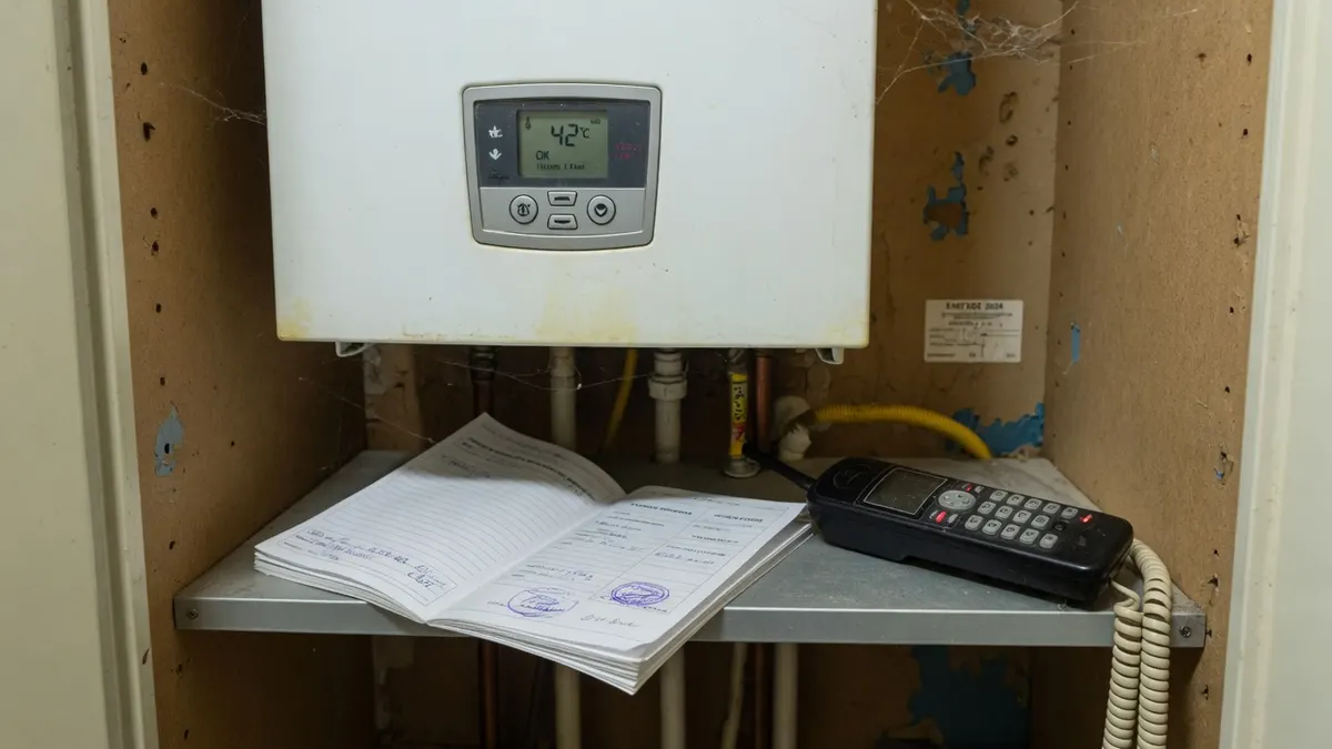 Kaltes Wohnzimmer im Januar, Heizkörper unter dem Fenster, Raumthermostat, Reif auf der Scheibe.