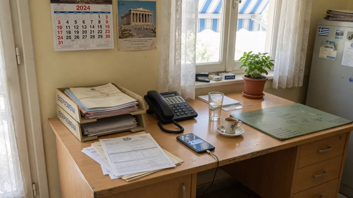 Kleines Versicherungsbüro, heller Eichentisch, geschlossene Mappen, Tischtelefon, Stadtlicht durch Jalousien.