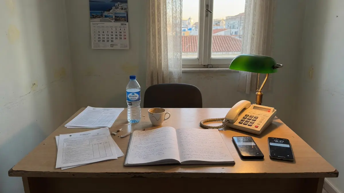 Zwei Stühle am Besprechungstisch, zugeklapptes Notebook, Smartphone mit dem Display nach unten.