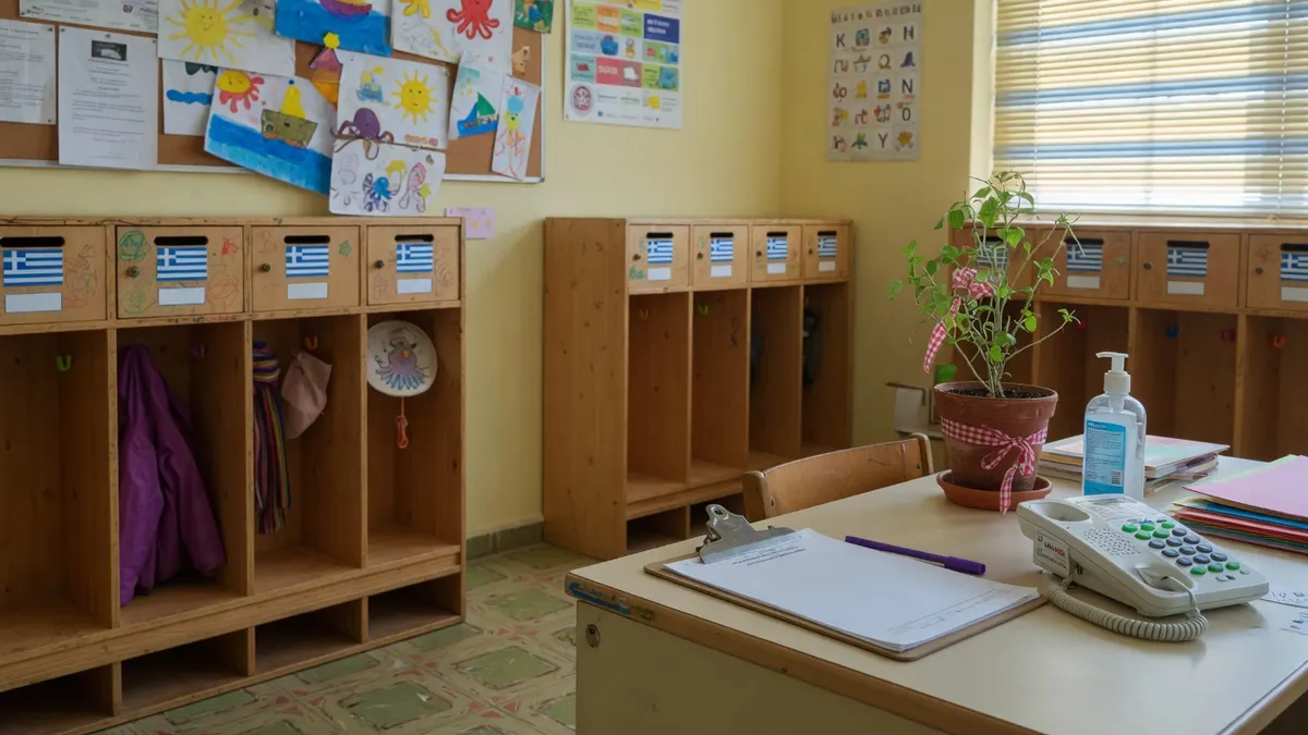 Garderobe im Kindergarten: kleine Haken mit Taschen, niedrige Bank, Tischtelefon auf einem Brett.