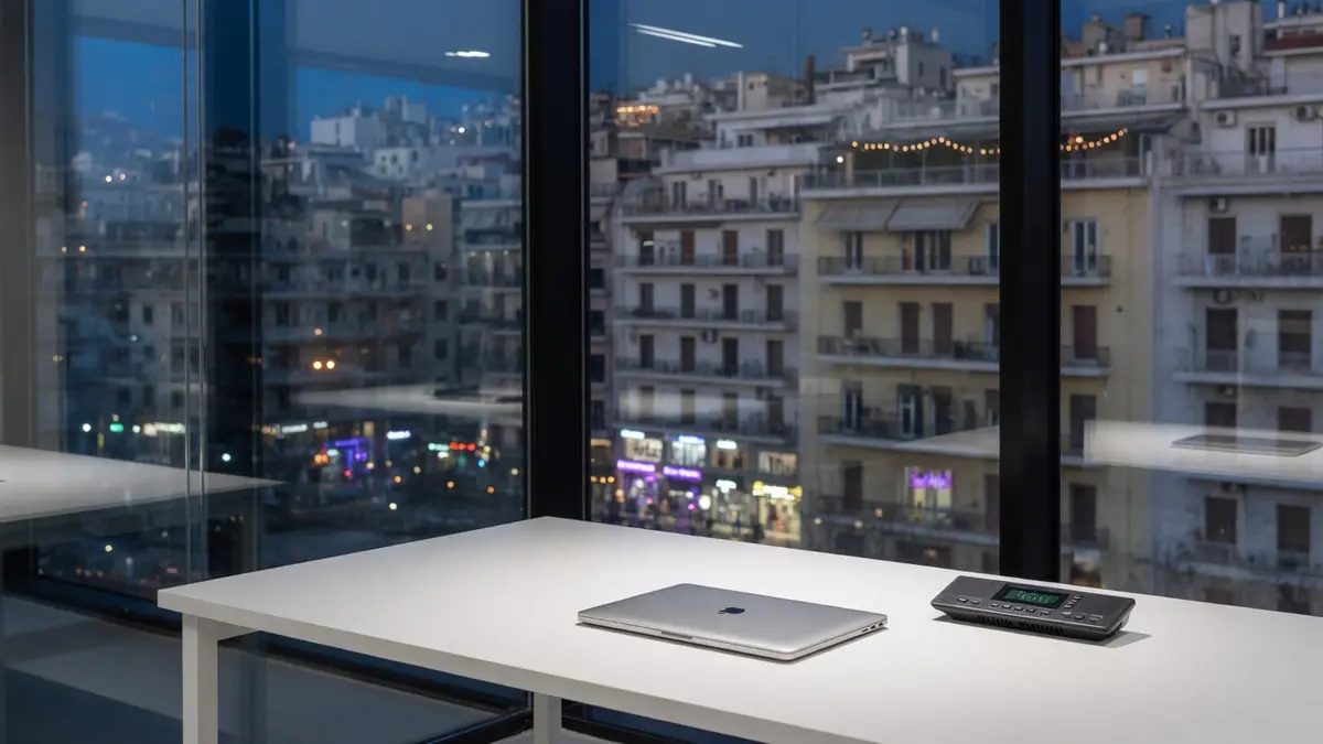 Modernes Büro hinter Glas, weißer Schreibtisch, Stadtlicht, Konferenztelefon.