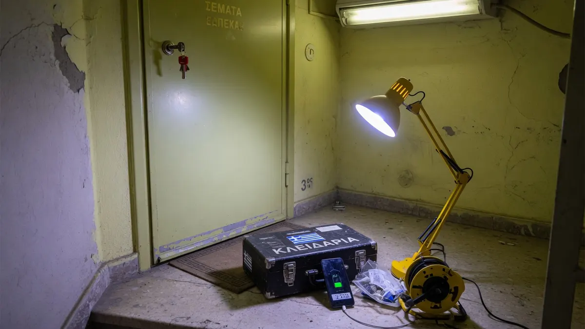 Nachttreppenhaus eines griechischen Hauses, geschlossene Wohnungstür, Telefon mit dem Display nach oben auf der Stufe.
