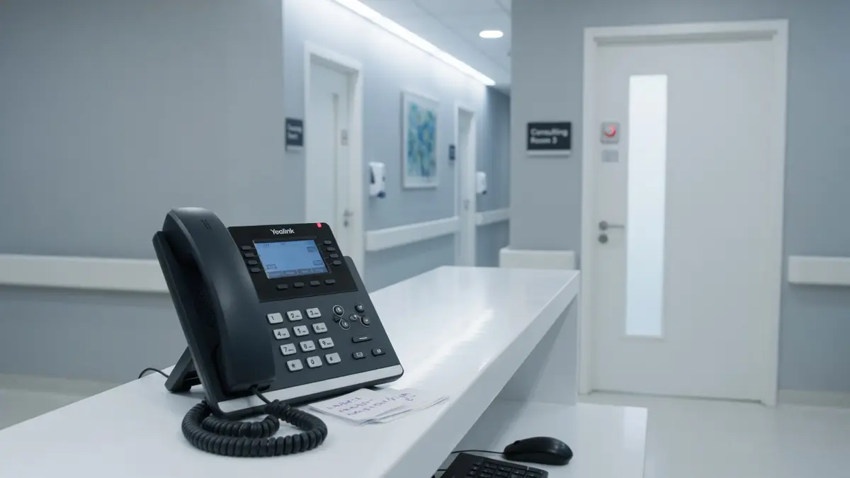 Weißer Tresen mit einem kompakten Telefon, Praxistür dahinter.
