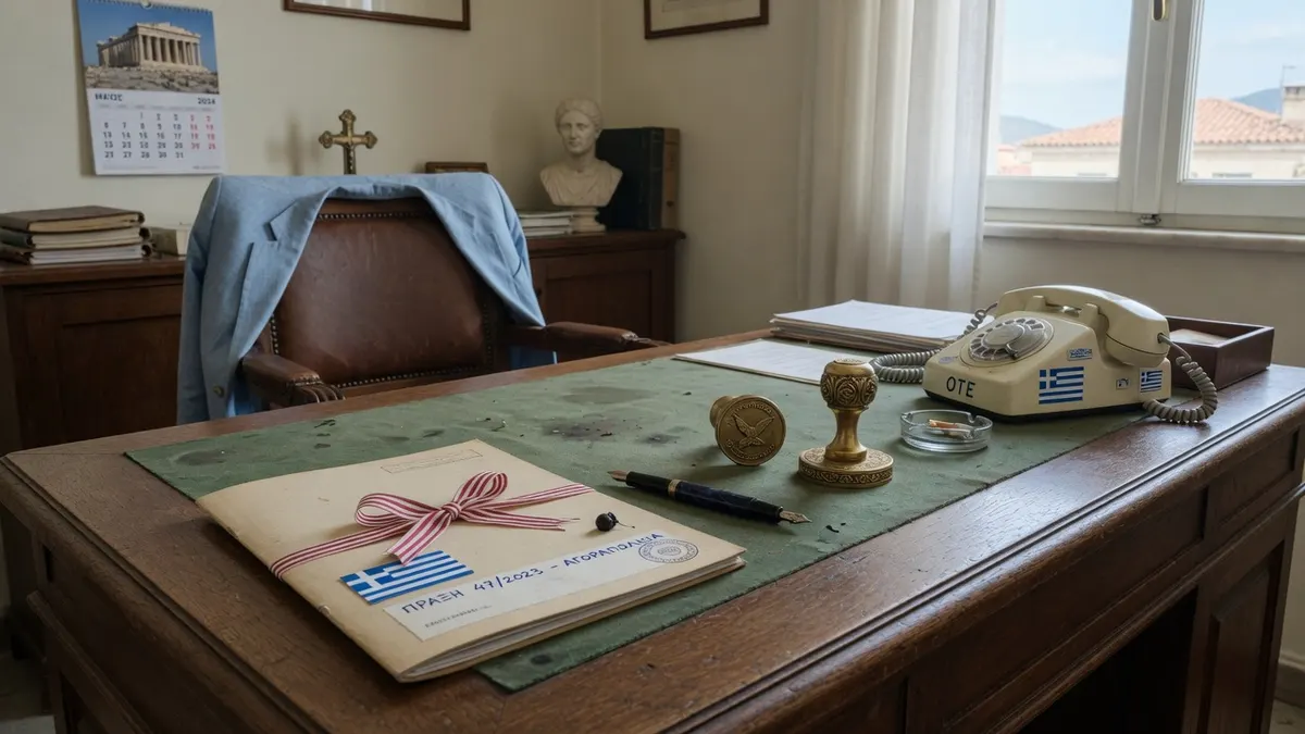 Notartisch mit gebundener Kaufurkunde, Messingstempeln, cremefarbenem OTE-Telefon, Parthenonkalender am Fenster.