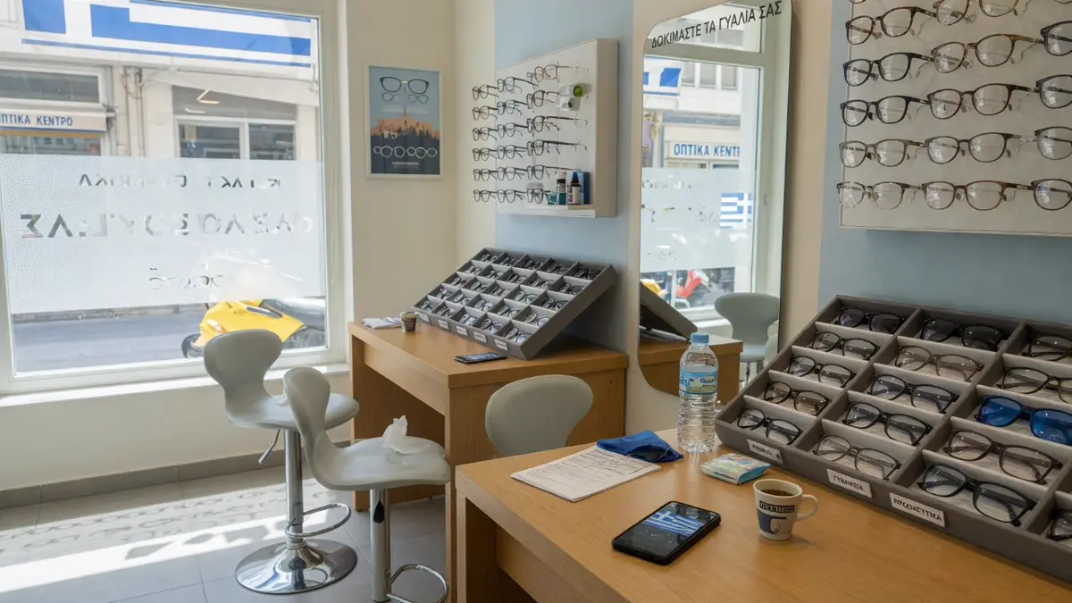 Moderner Optiker: Fassungsregale, Anpassungstisch, Telefon auf hellem Holz.