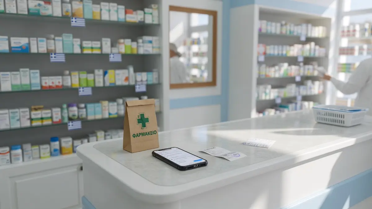 Moderner Apothekentresen aus hellem Holz, kurze Schlange, Telefon an der Kasse.