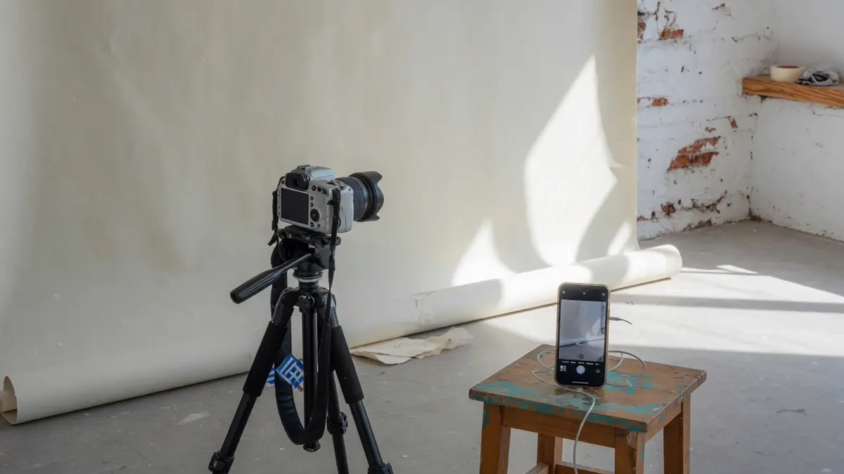 Fotografin seitlich in einer griechischen Kirche, Kamera oben, Telefon in der Jacke auf der Bank.
