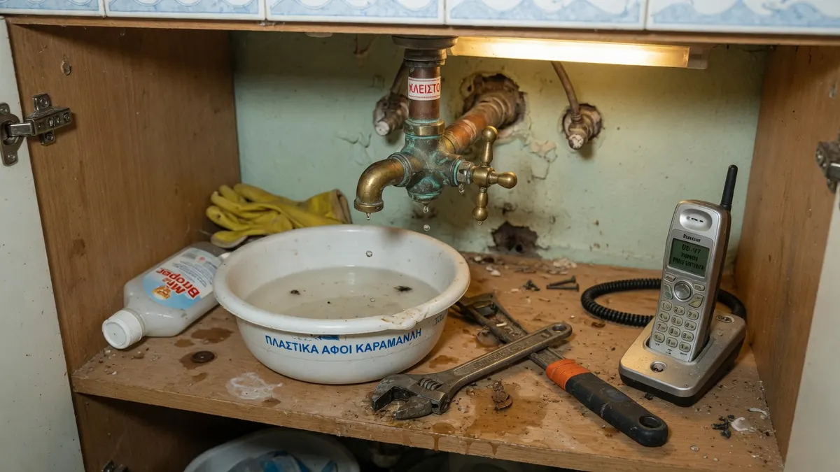 Haupthahn in einem griechischen Treppenschrank, Taschenlampe daneben, keine Hand am Ventil.