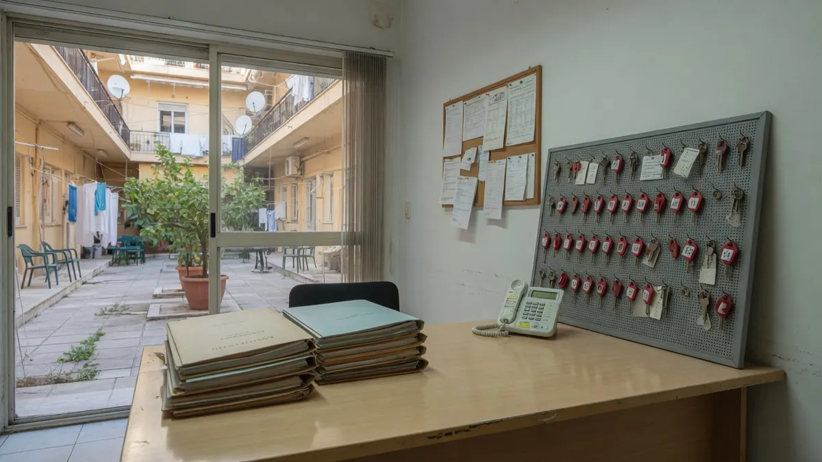 Kleine Hausverwaltung: heller Eichentisch, Gebäudeakten, Tischtelefon, Lageplan eines Blocks an der Wand.