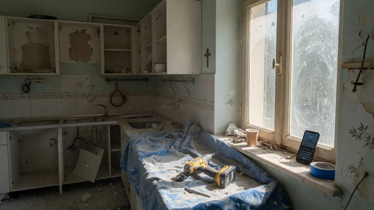 Ausgebaute Küche in einer bewohnten griechischen Wohnung, Staubtücher in der Tür, Wasserkocher auf einem Behelfsbrett.