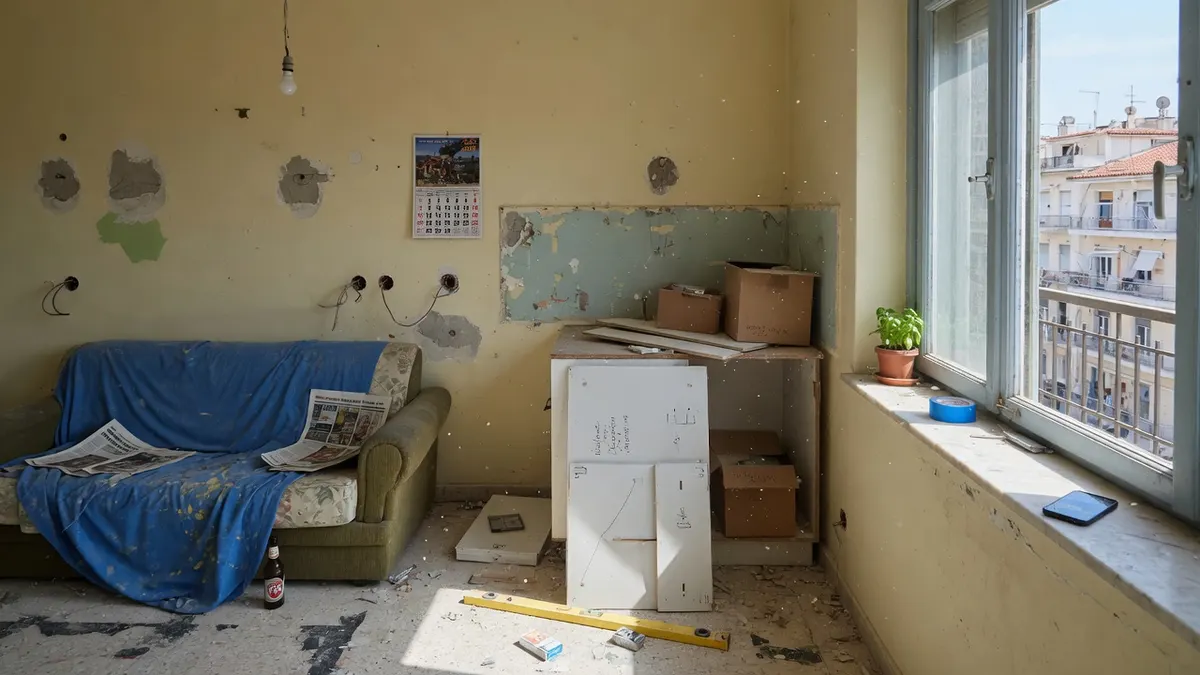 Bad mit Fliesen bis zum Estrich runter, Maßband und Block auf einem geschlossenen Deckel, Tageslicht vom kleinen Fenster.