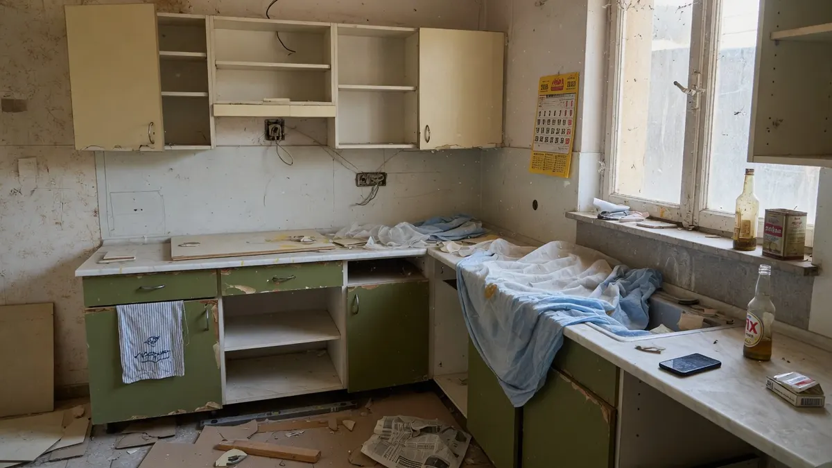 Zwei Stühle an einem kleinen Tisch, geschlossene Mappen, Telefon mit Display nach unten, Bleistift auf einem Grundriss.