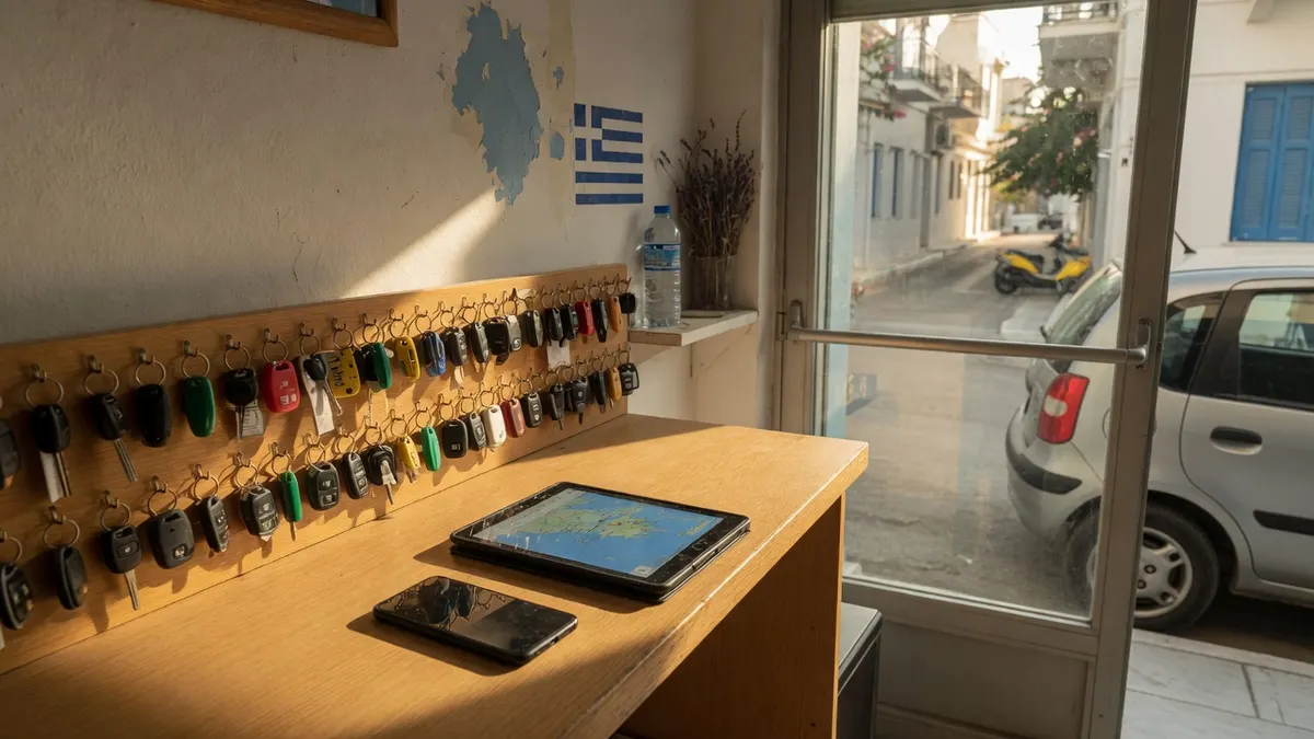 Insel-Schalter einer Autovermietung: Schlüsselbrett, Tischtelefon, Bordkarte auf dem Holz.
