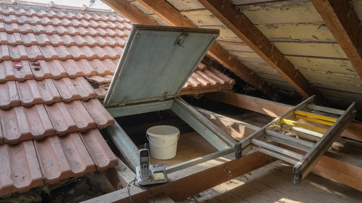 Schlafzimmer mit Eimer unter einem Deckentropfen, Telefon auf dem Nachttisch, Jalousien halb zu.