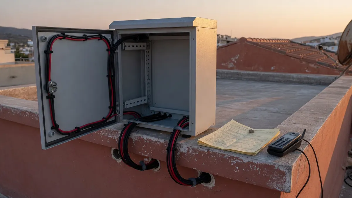 Wechselrichter an einer Garagenwand, Display dunkel, Block und Telefon auf der Werkbank.