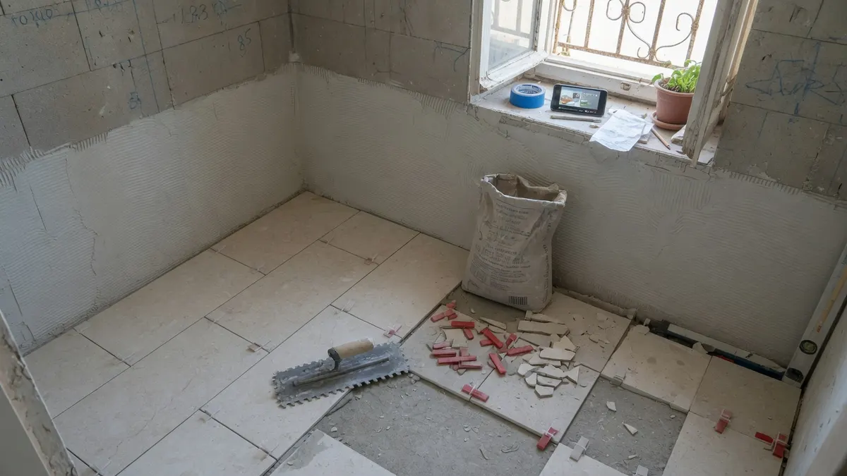 Badboden in einer griechischen Wohnung: Maßband auf alten 20×20-Fliesen, Ablauf in der Ecke, Kartons an der Wanne.