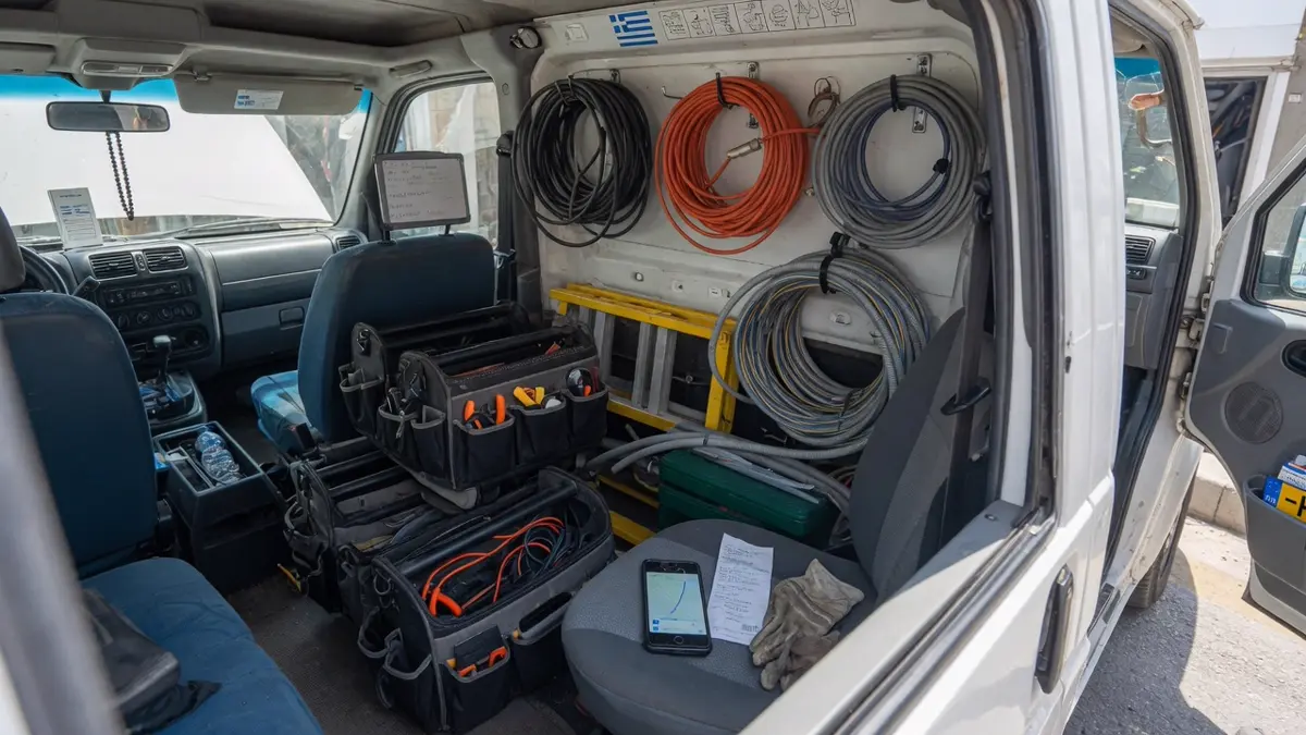 Handwerkertransporter vor einem griechischen Wohnblock, Werkzeugkasten auf der Stufe, Telefon auf dem Armaturenbrett.