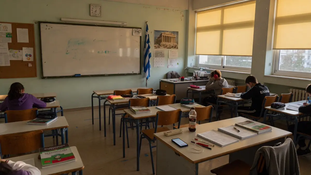 Frontistirio-Flur, Glastüren zu den Klassen, volle Tafel, Telefon auf dem Tisch.