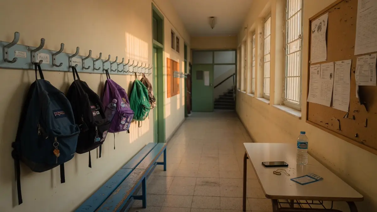 Klassenraum nach der Schule, Tische im U, Lehrer an der Tafel, Schultaschen auf den Stühlen.
