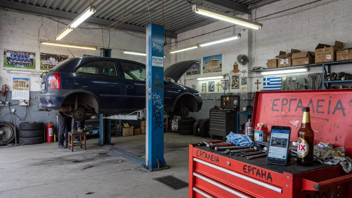 Zweisäulen-Hebebühne mit einem Kleinwagen in der Luft, Telefon auf der Werkzeugkiste.