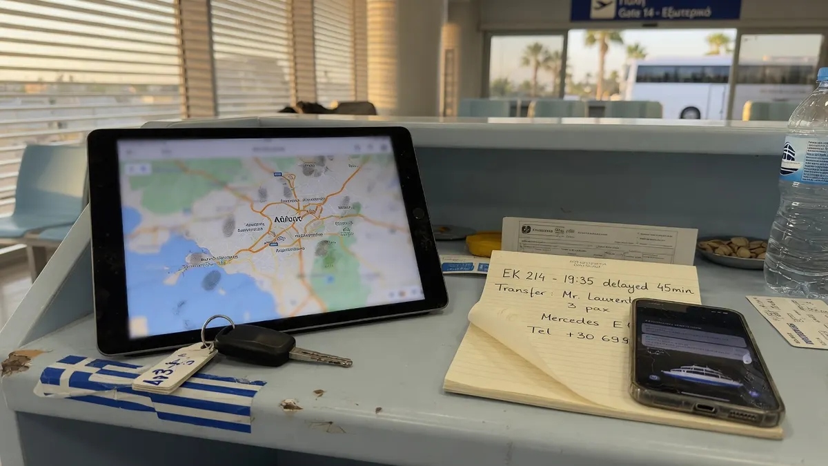Kleiner Transferdispo: Funkgerät, gedruckter Tourenplan, Tischtelefon, Nachtlicht am Fenster.