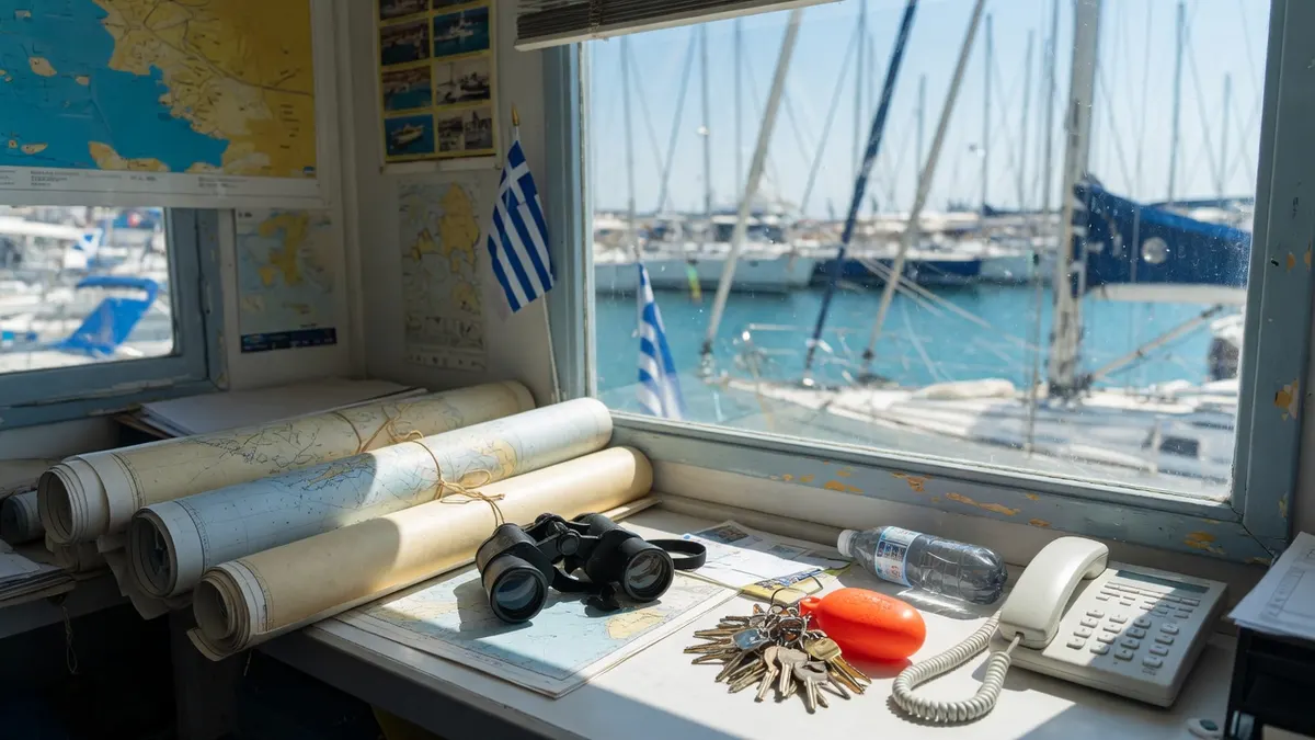 Griechischer Chartersteg am Morgen: Katamarane am Finger, Treibstoffschlauch, niemand an der Bürotür.