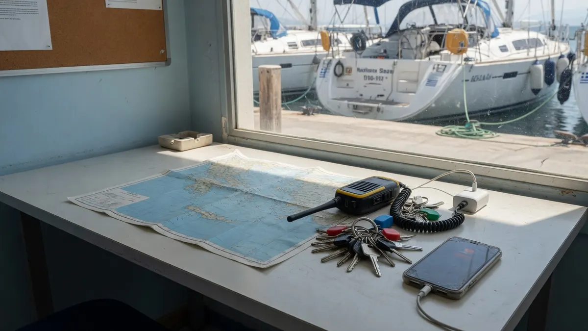 Kleines Marinabüro nach der Einweisung: leere Stühle, Schlüsselbrett für Kabinenschlüssel, das Telefon leuchtet auf dem Tisch.